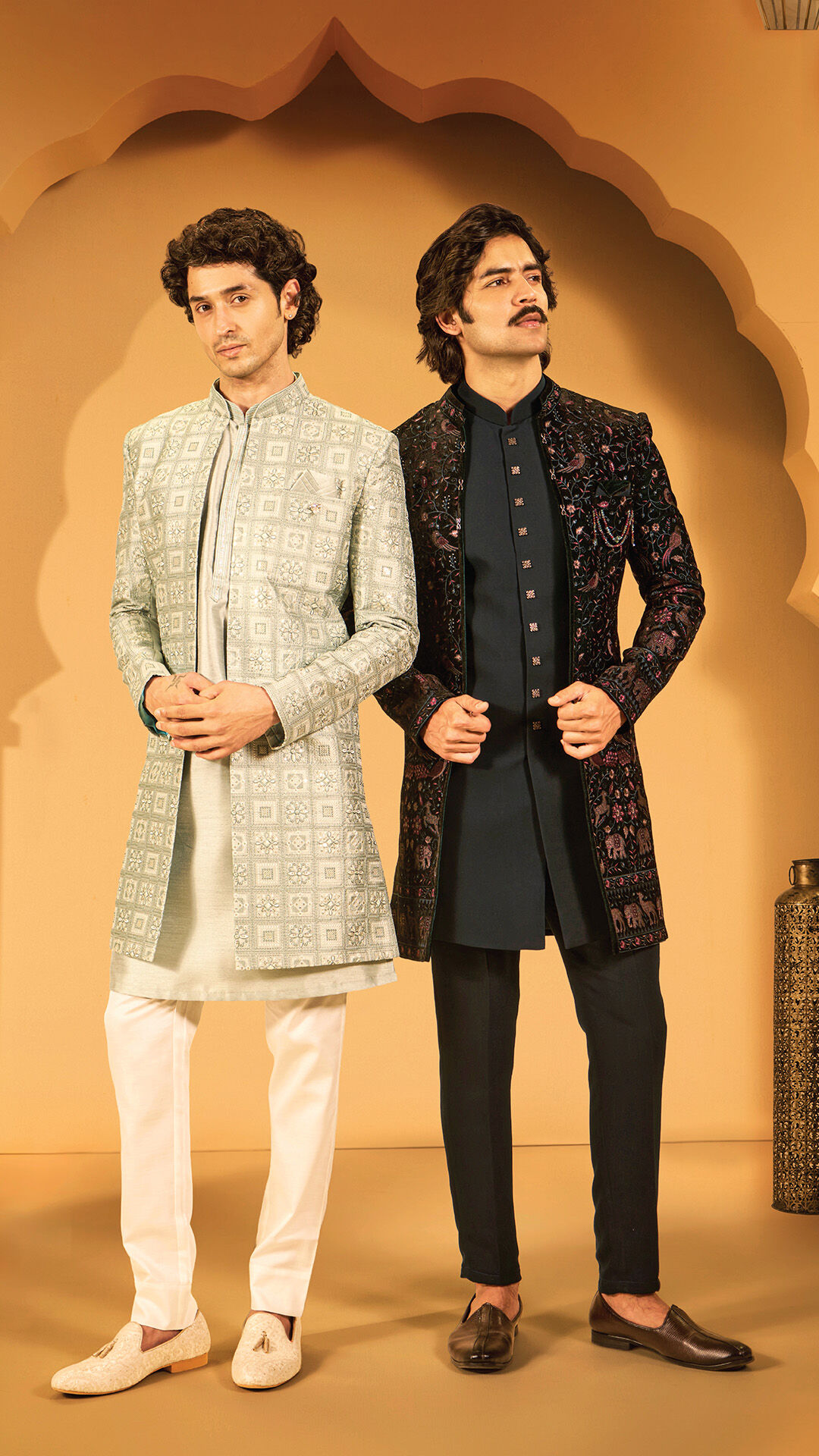 men flauting their elegant indo western sherwani for wedding ceremony